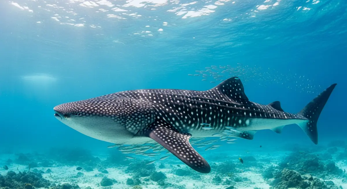 Massive whale shark gliding through clear Maldivian blue water